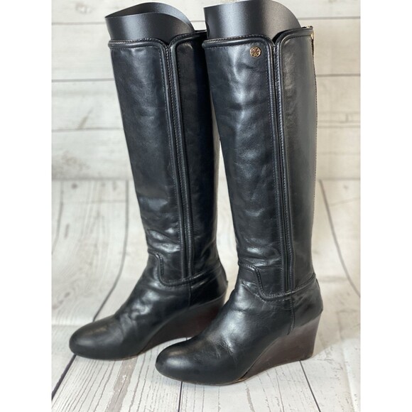 Tory Burch Black Leather Tall Wedge Riding Boot Size 7 - Picture 3 of 8